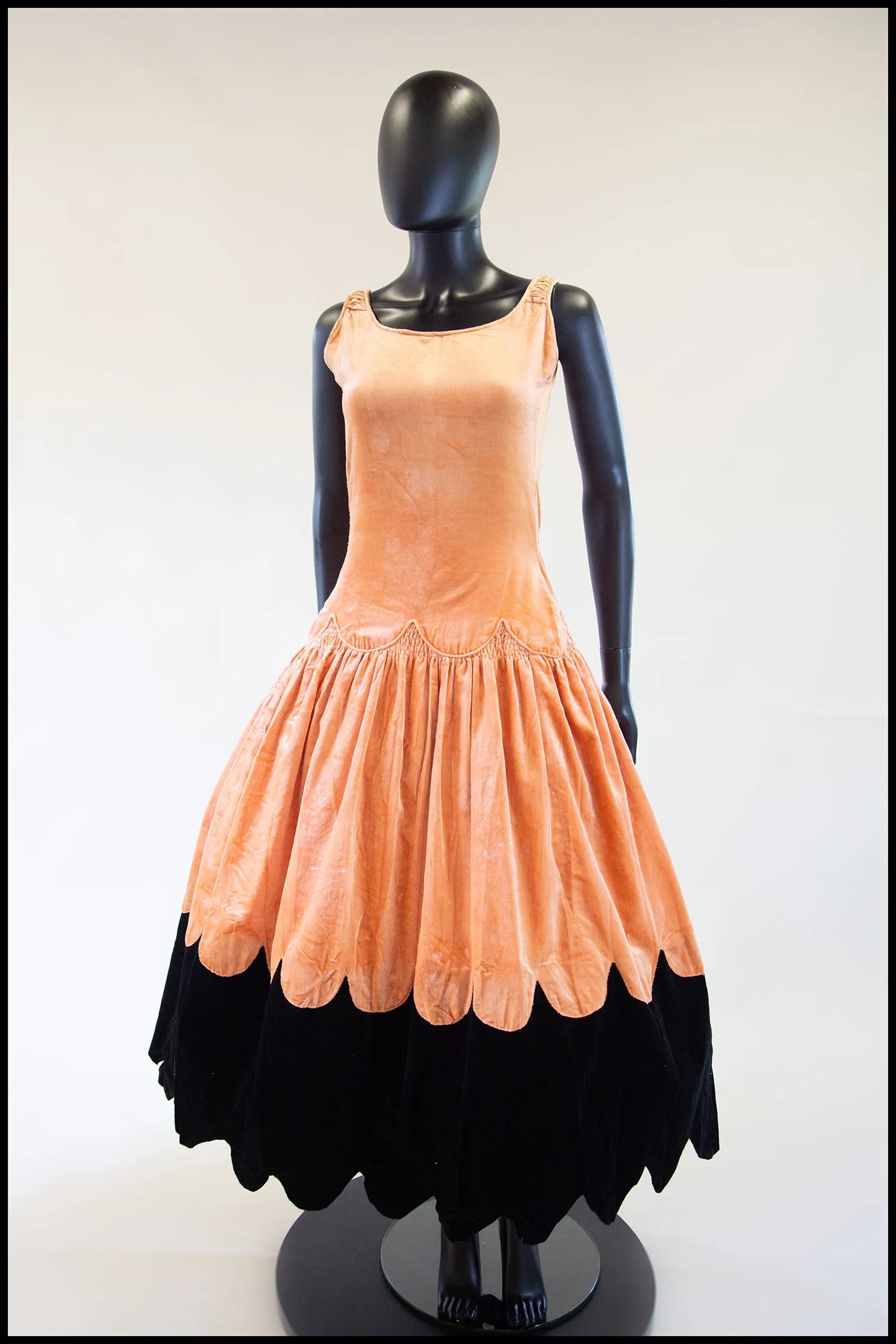 RESERVED Vintage 1920s Peach Velvet Scallop Hem Dress