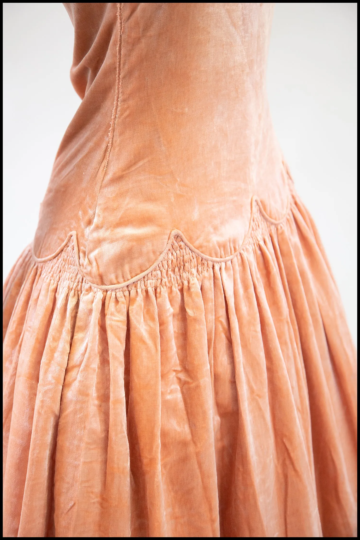 RESERVED Vintage 1920s Peach Velvet Scallop Hem Dress