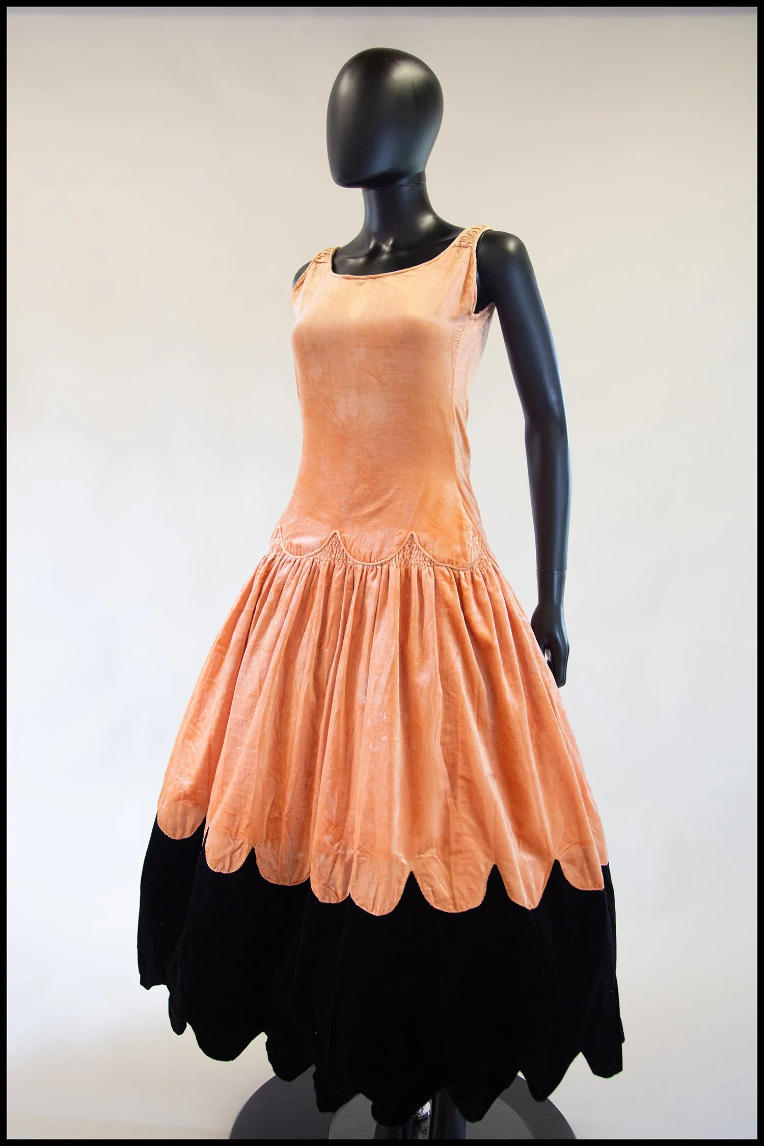 RESERVED Vintage 1920s Peach Velvet Scallop Hem Dress