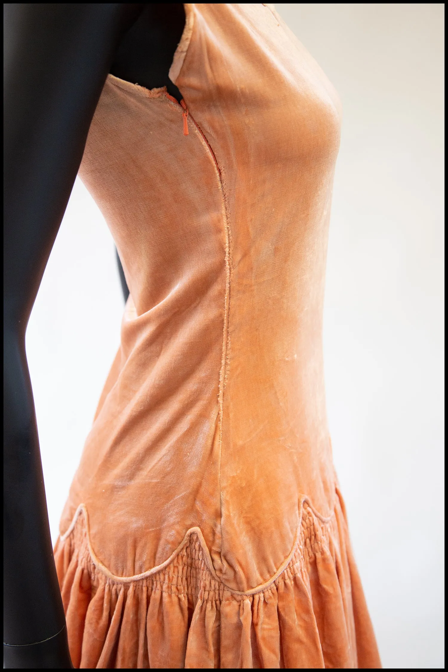 RESERVED Vintage 1920s Peach Velvet Scallop Hem Dress