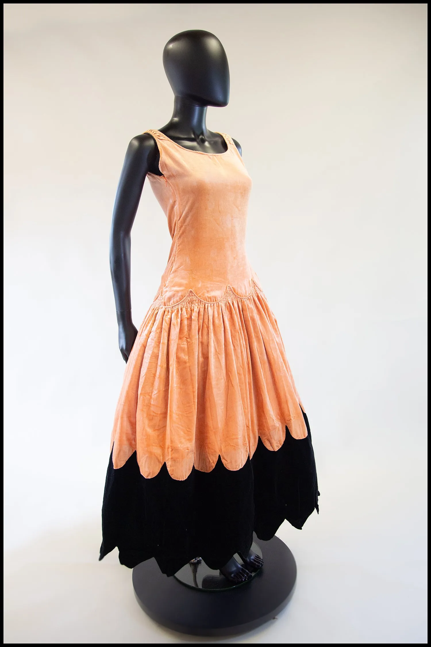 RESERVED Vintage 1920s Peach Velvet Scallop Hem Dress