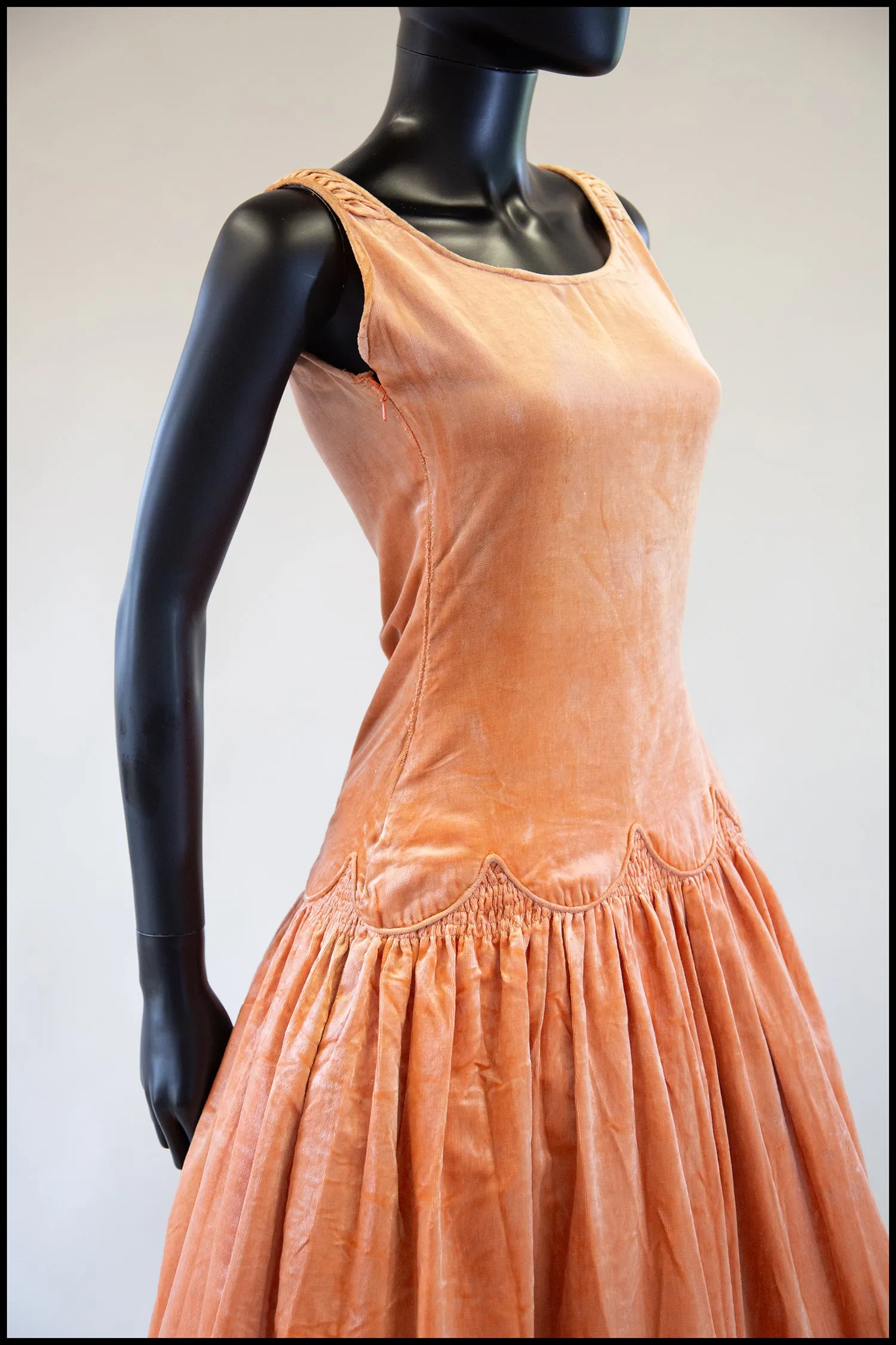 RESERVED Vintage 1920s Peach Velvet Scallop Hem Dress