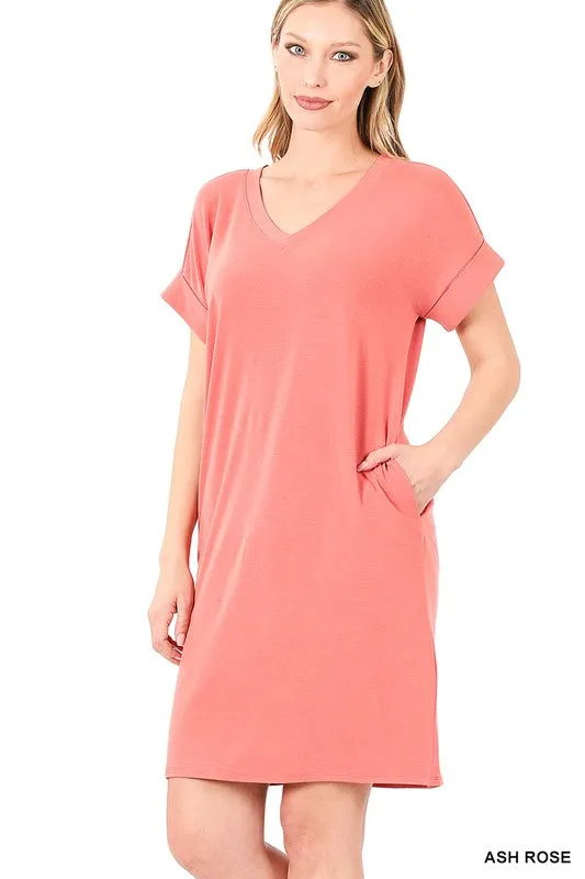 ROLLED SHORT SLEEVE V-NECK DRESS