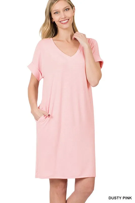 ROLLED SHORT SLEEVE V-NECK DRESS