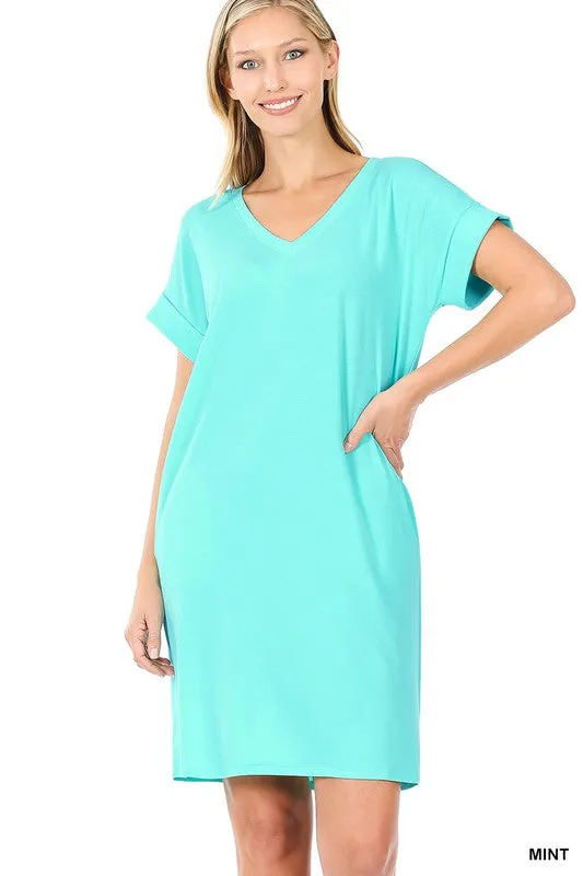 ROLLED SHORT SLEEVE V-NECK DRESS