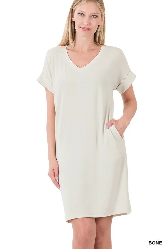 ROLLED SHORT SLEEVE V-NECK DRESS