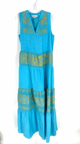 Size S Turquoise/Gold Embroidered Linen Designer Dress