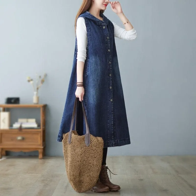 Sleeveless Hooded Denim Vest Coat