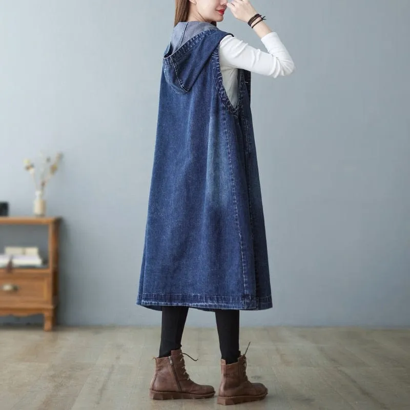 Sleeveless Hooded Denim Vest Coat