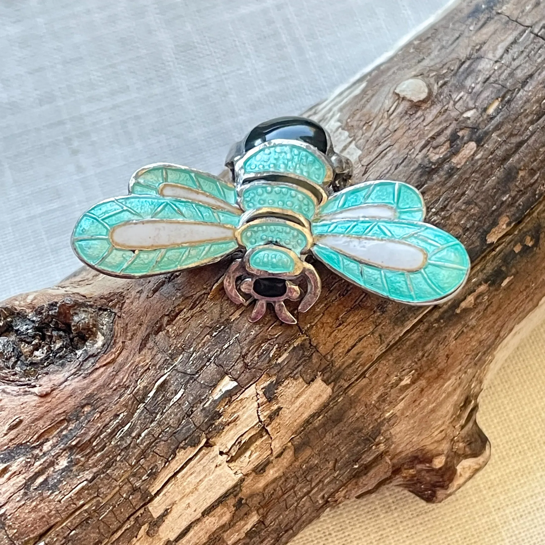 SOLD Margot De Taxco Aqua Enamel Sterling Silver Bee Brooch, #5661