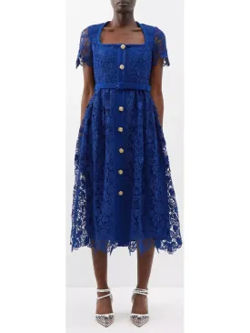 Women’s Belted Guipure-Lace Midi Dress, Blue