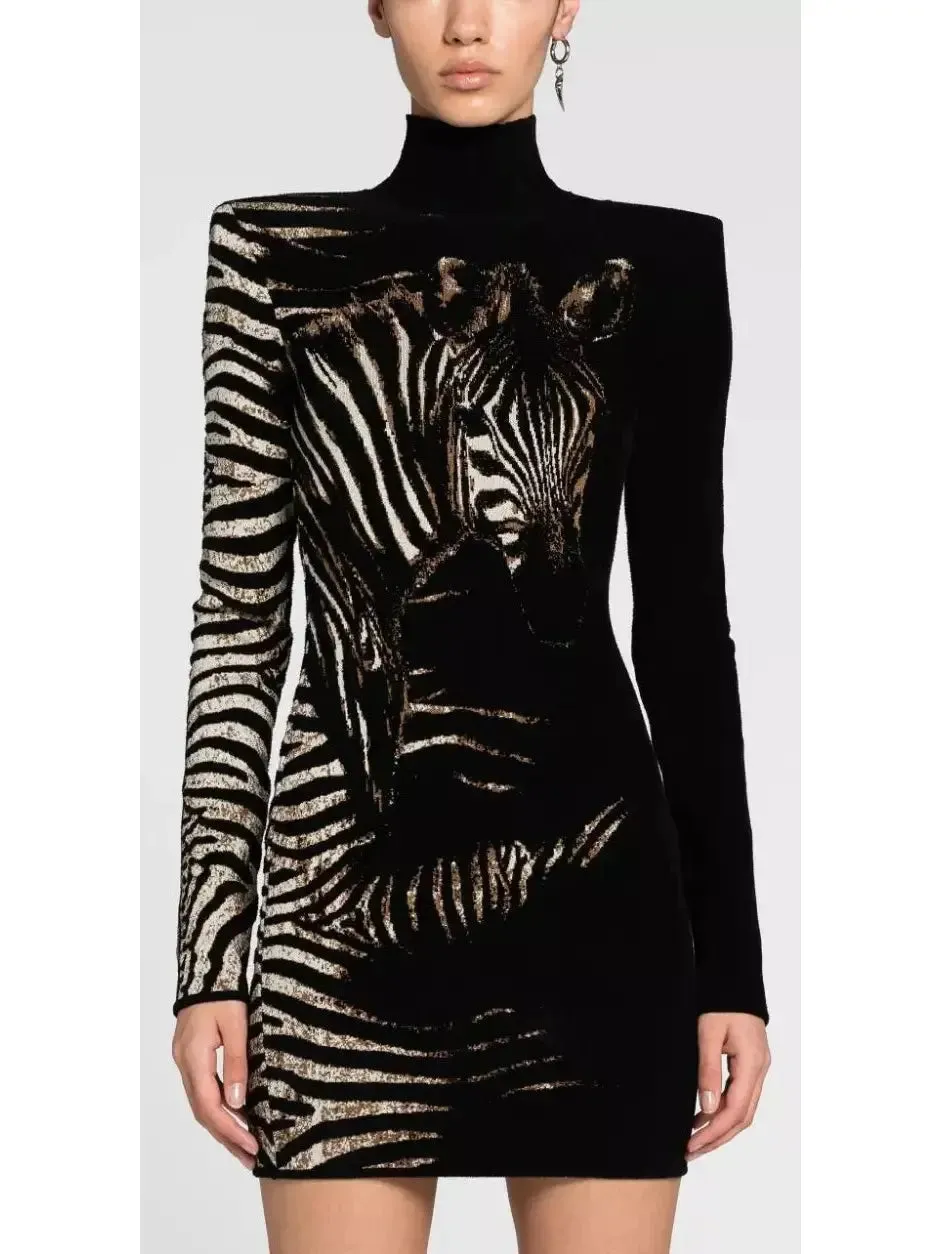 Women’s Black and White Zebra Jacquard Mini Dress