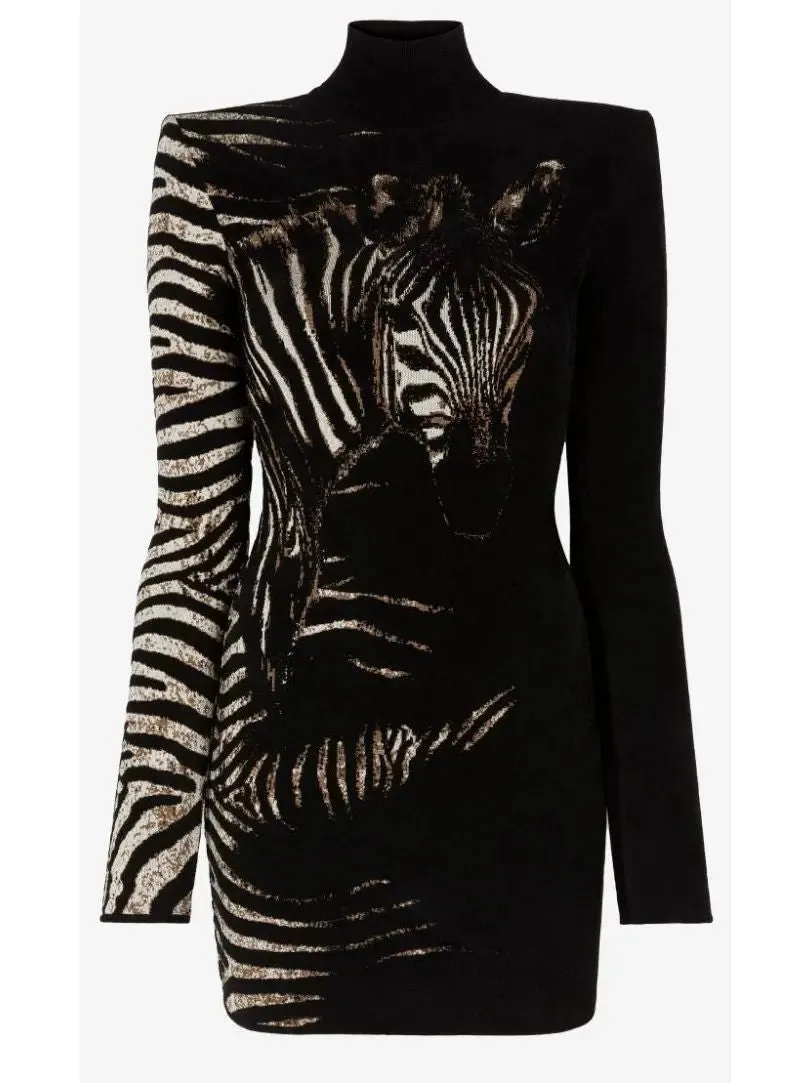 Women’s Black and White Zebra Jacquard Mini Dress