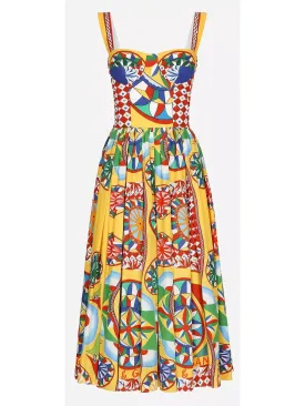 Women’s Carretto Print Calf-Length Bustier Poplin Dress