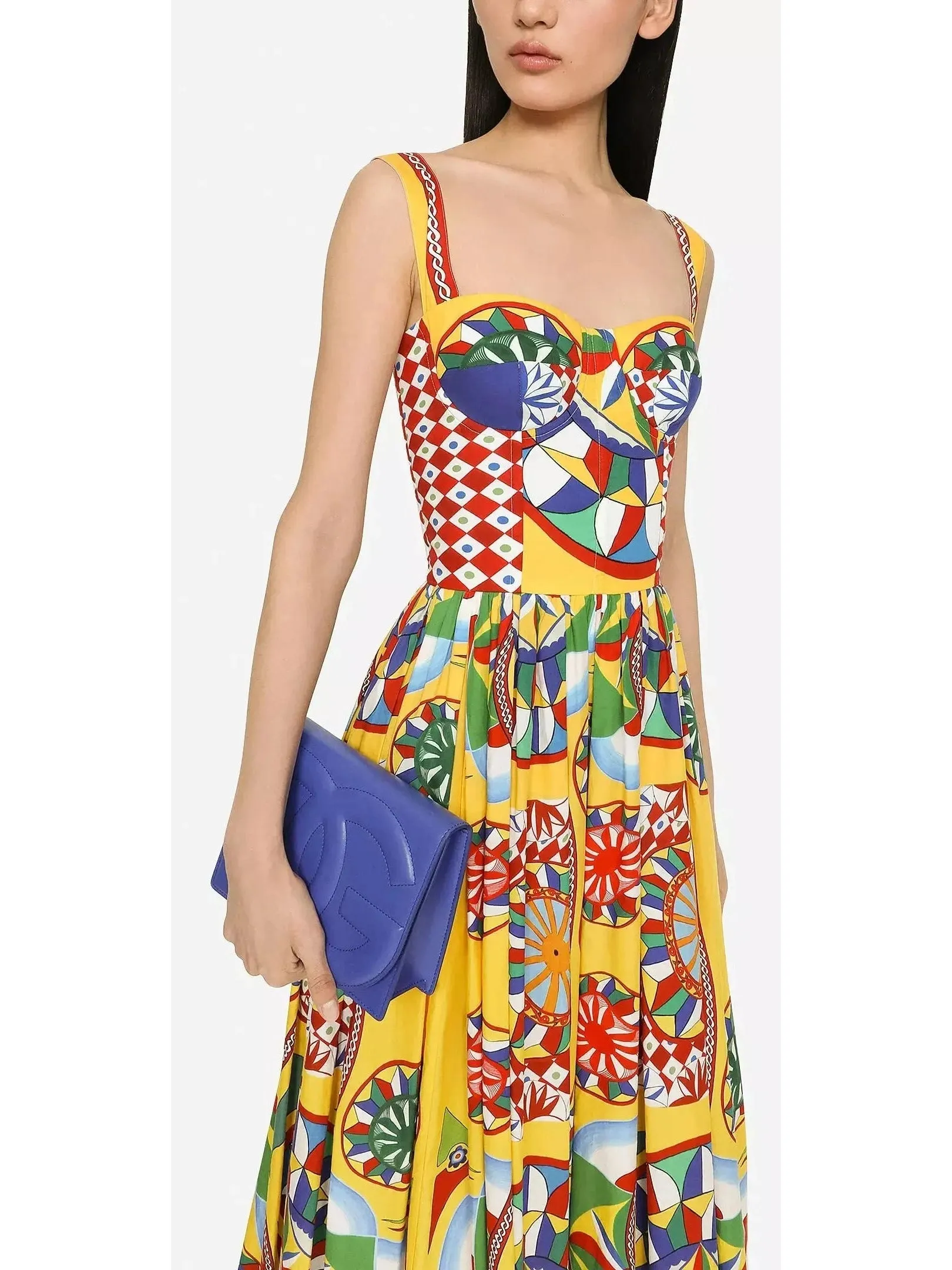 Women’s Carretto Print Calf-Length Bustier Poplin Dress