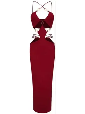 Women’s Cut-Out Gold Ring Detailed Dress, Wine