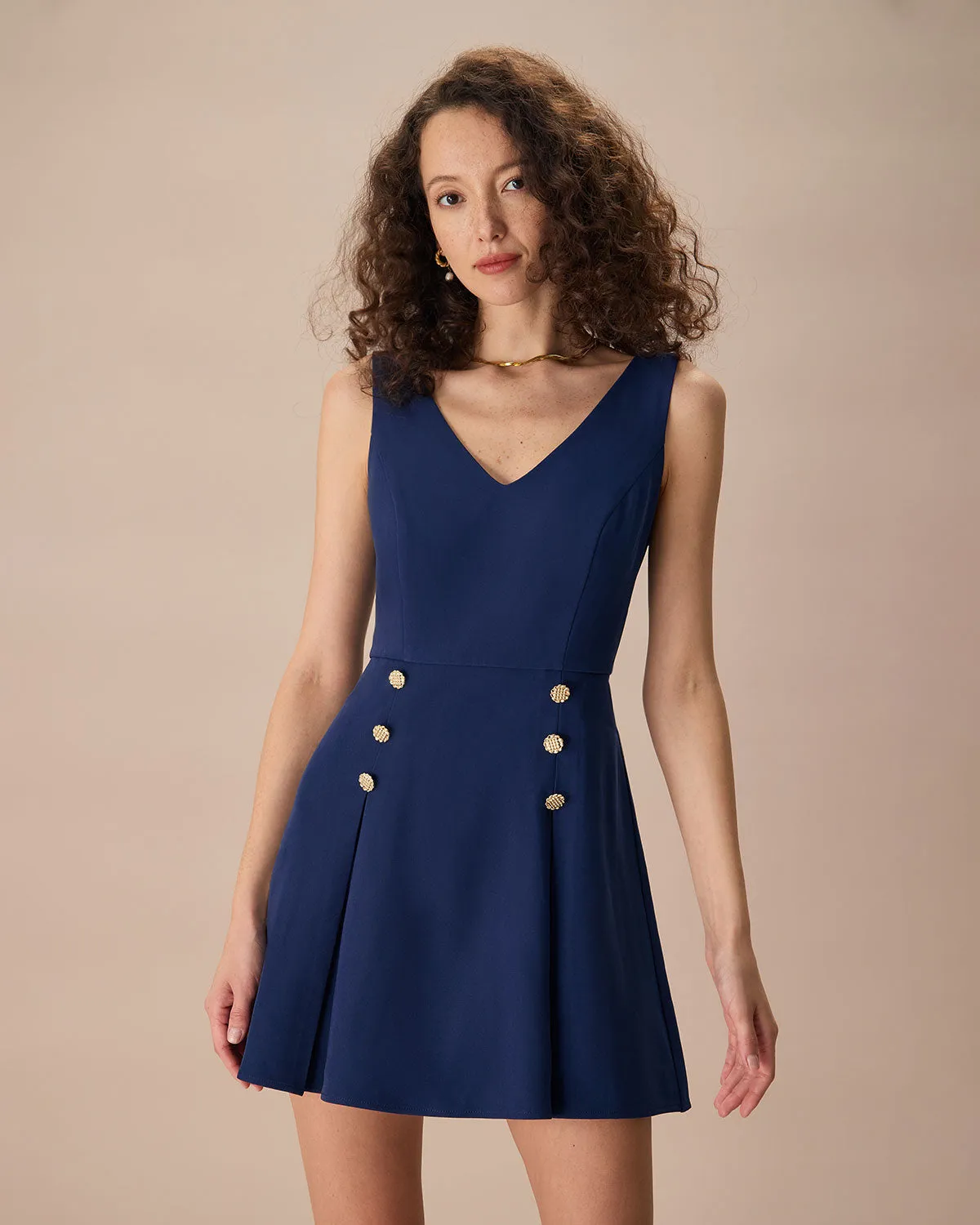 Women's Navy V-Neck Pleated Mini Dress