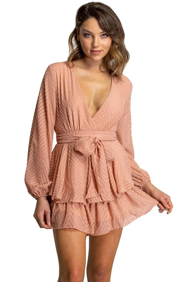 Women's Peach V-Neckline Playsuit with Ruffle Detail