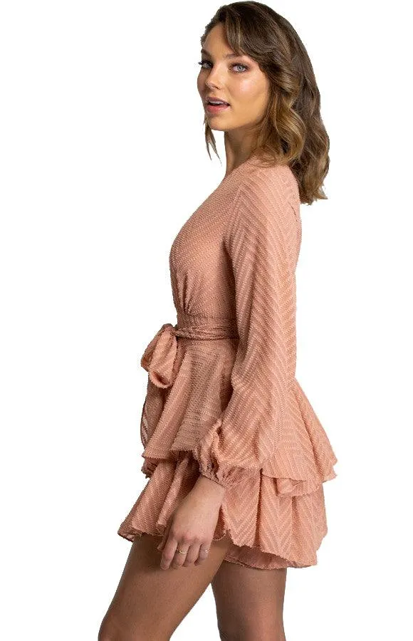 Women's Peach V-Neckline Playsuit with Ruffle Detail