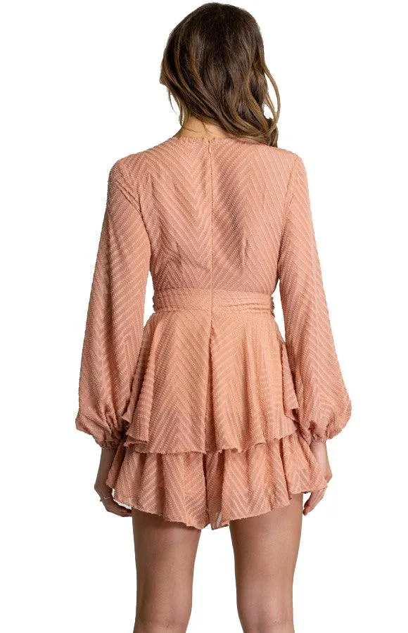 Women's Peach V-Neckline Playsuit with Ruffle Detail