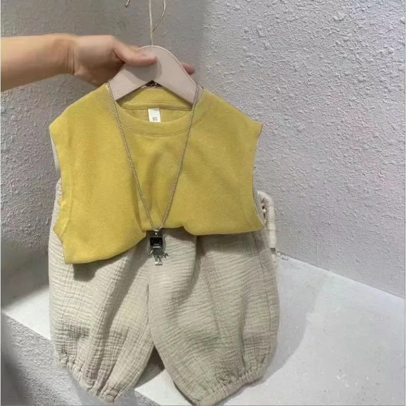 xiangtuibao  Boys' Vest Suit Children's Summer Clothing  New Children's Baby Sleeveless Children Cropped Pants Two-Piece Suit Fashion