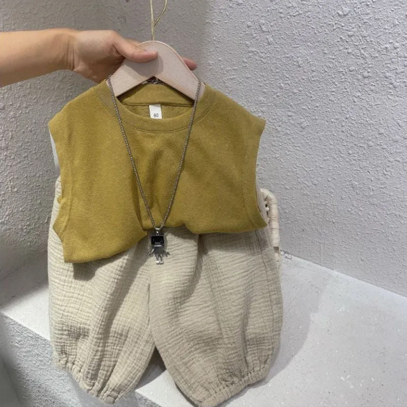 xiangtuibao  Boys' Vest Suit Children's Summer Clothing  New Children's Baby Sleeveless Children Cropped Pants Two-Piece Suit Fashion